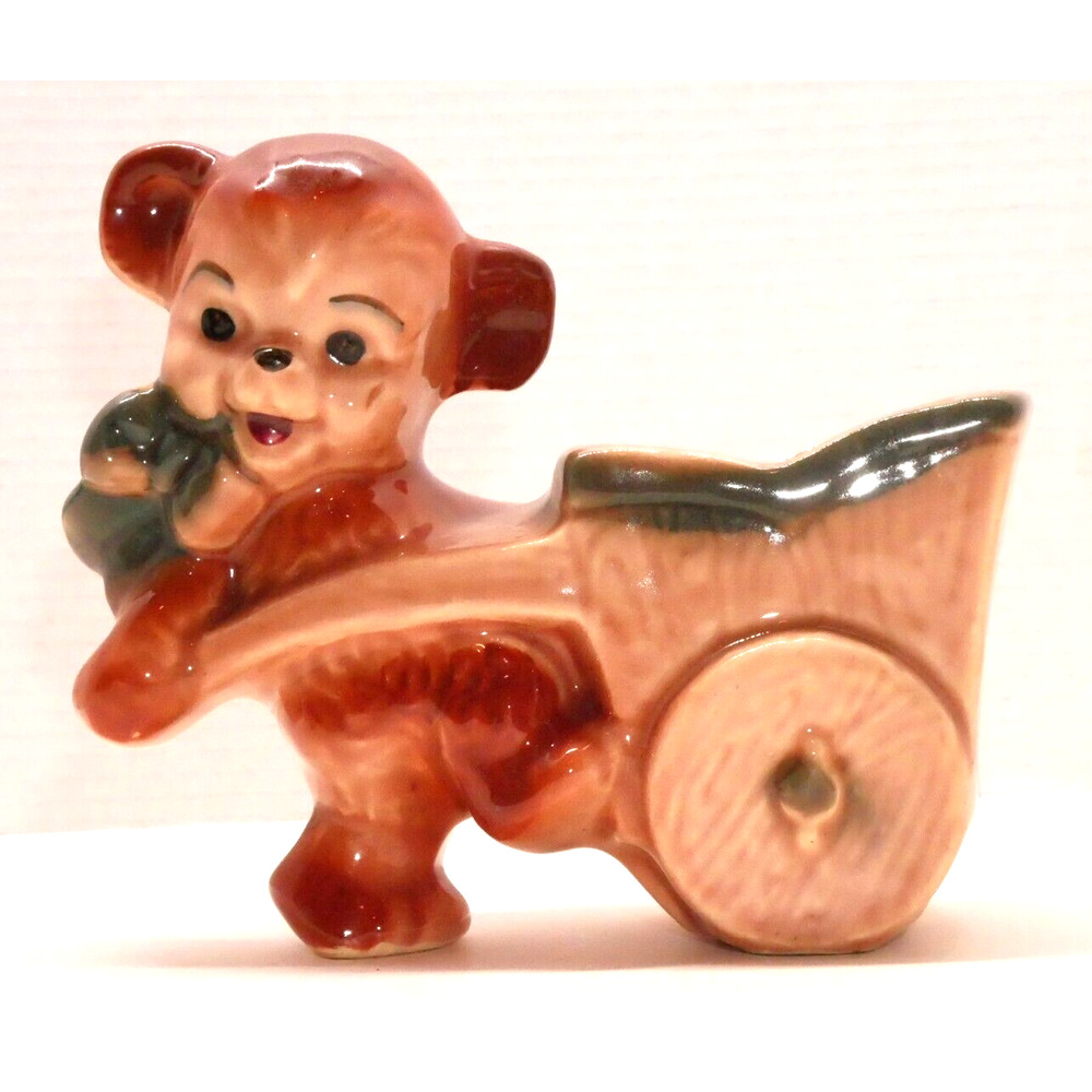 VTG Teddy Bear with Wheelbarrow Wagon Ceramic Pottery Planter Vase 1950s